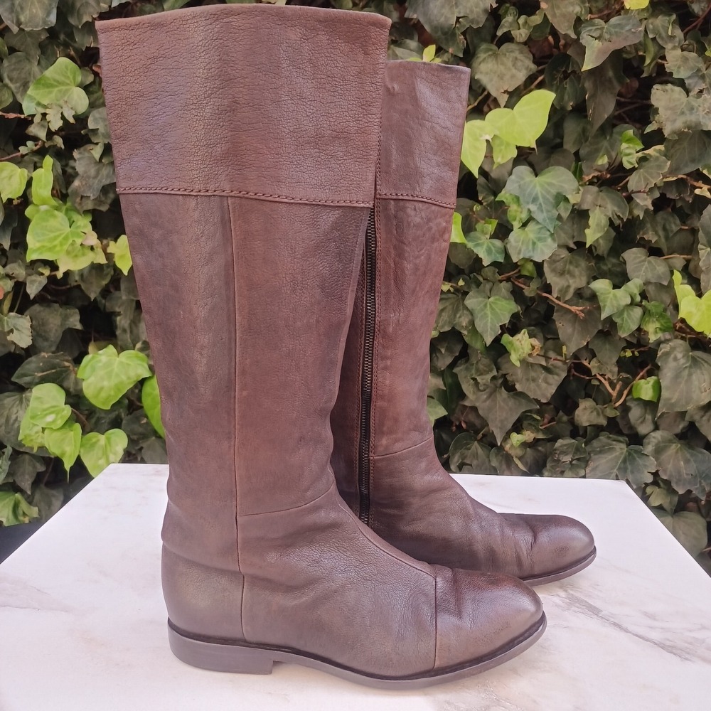 Rag & Bone NEWBURY Knee High Pebbled Leather Zip Up Riding Boots Size 38 Brown
